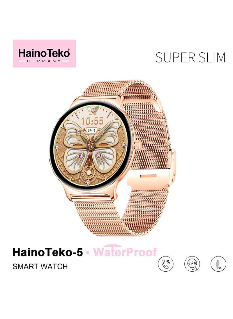هينو تيكو HainoTeko-5 Super Slim Smart Watch Round Shape AMOLED Display With Waterproof AI Voice Assistance and 3 Pair Straps For Ladies Gold - Image 2